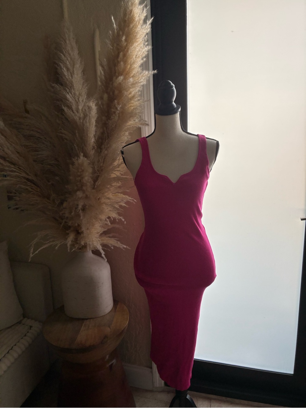 Fitted Ribbed Tank Midi Dress in Magenta